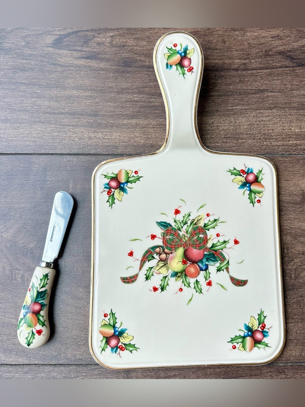 Lenox Holiday Tartan Handled Cheese Board with Matching Spreader - Discontinued